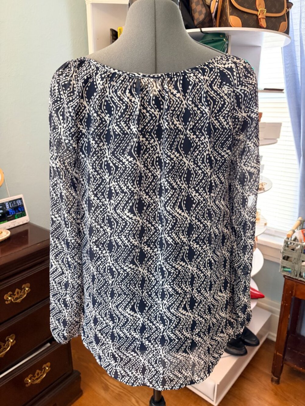 Sweet Journey Navy Boho Peasant Top L Crochet Hem Festival Coastal Top Vacation - Picture 2 of 13